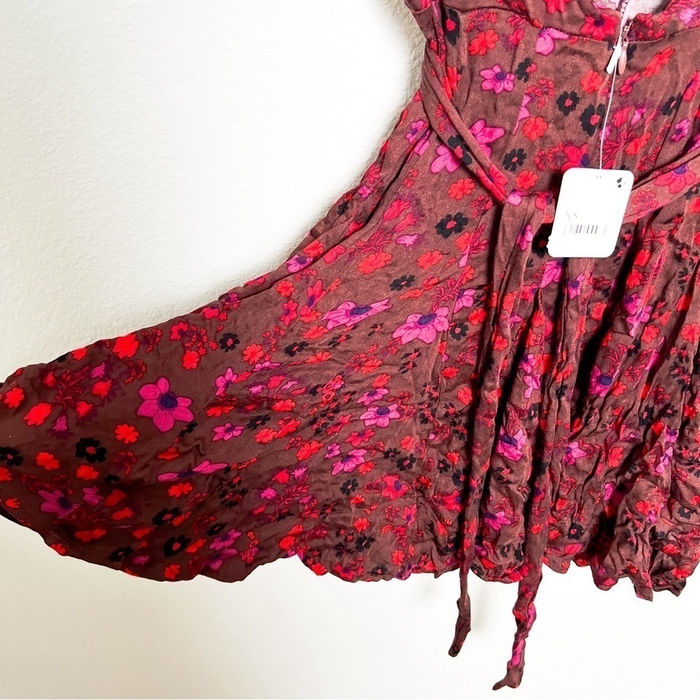 Free People NWT Floral Wrap Dress Mini Dress Red Purple Size XS Ruffled Hem - Picture 6 of 9